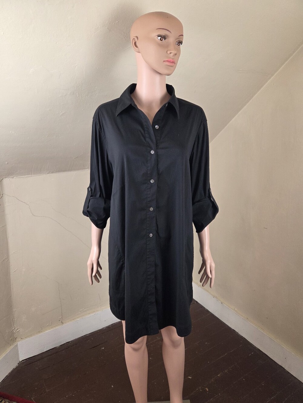 Lafayette 148 New York Black Shirt Dress Tunic Size 10 Roll Tab Sleeves Pockets